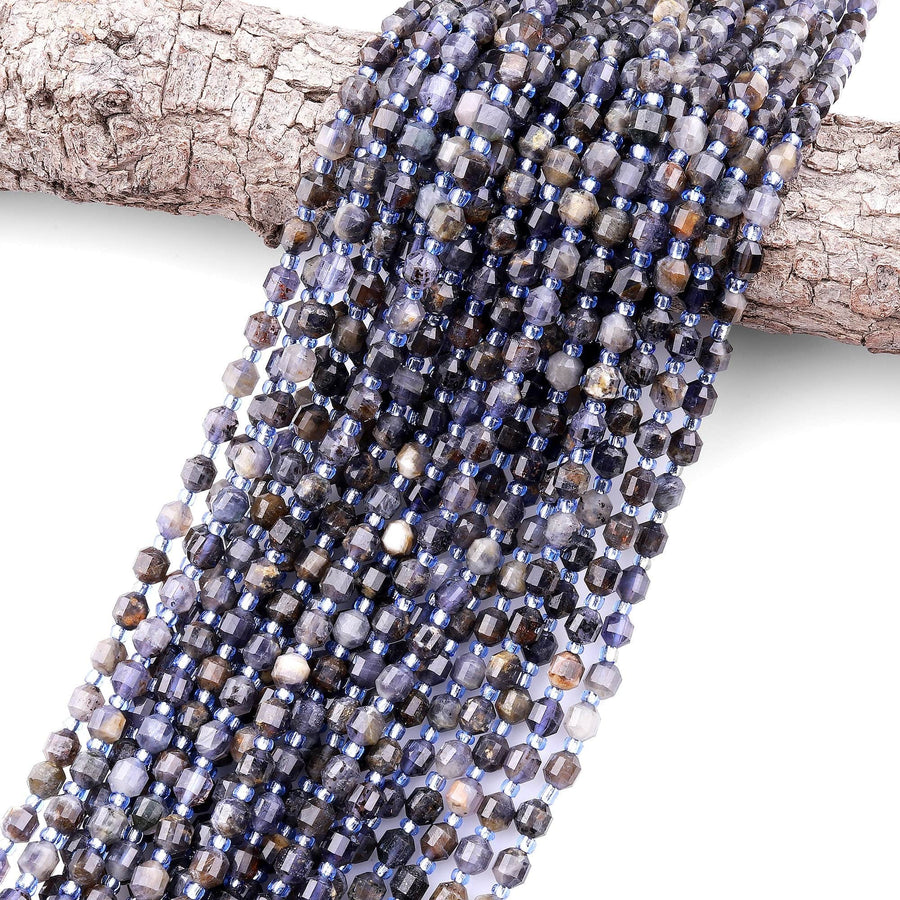 Natural Iolite 6mm Beads Rounded Faceted Energy Prism Double Terminated Points 15.5" Strand