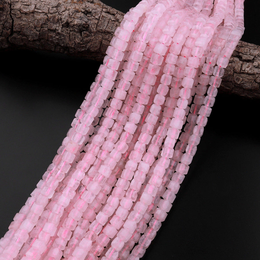 AAA Natural Pink Rose Quartz 6mm Faceted Cube Dice Square Beads 15.5" Strand