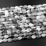 Natural Black Tourmaline Rutilated Quartz Leaf Beads Hand Carved Gemstone 15.5" Strand