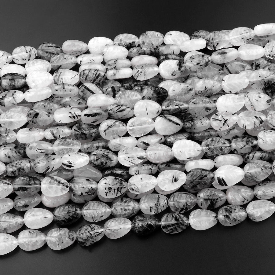 Natural Black Tourmaline Rutilated Quartz Leaf Beads Hand Carved Gemstone 15.5" Strand