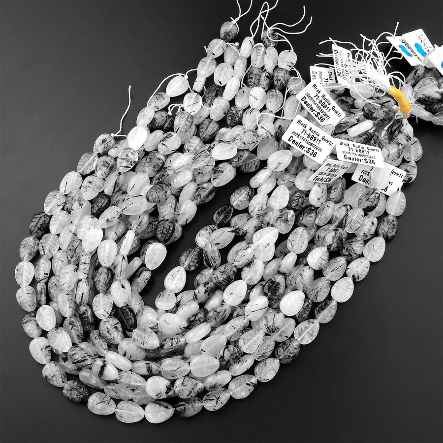 Natural Black Tourmaline Rutilated Quartz Leaf Beads Hand Carved Gemstone 15.5" Strand