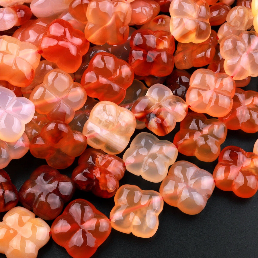 4 Four Leaf Clover Beads Natural Carnelian Hand Carved Orange Red Flower 15.5" Strand