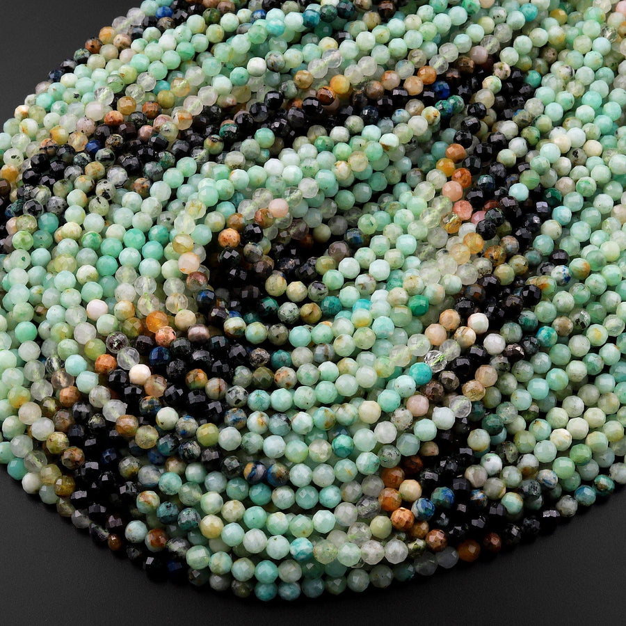 Micro Faceted Natural Green Chrysocolla Blue Azurite 4mm Faceted Round Beads Laser Diamond Cut Gemstone 15.5" Strand