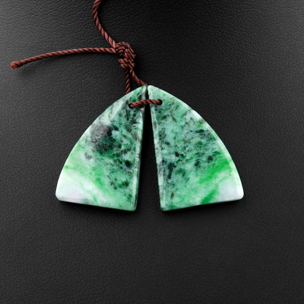 Natural Real Genuine Green Burma Jade Abstract Butterfly Wing Triangle Earring Pair Drilled Gemstone Matched Beads A2