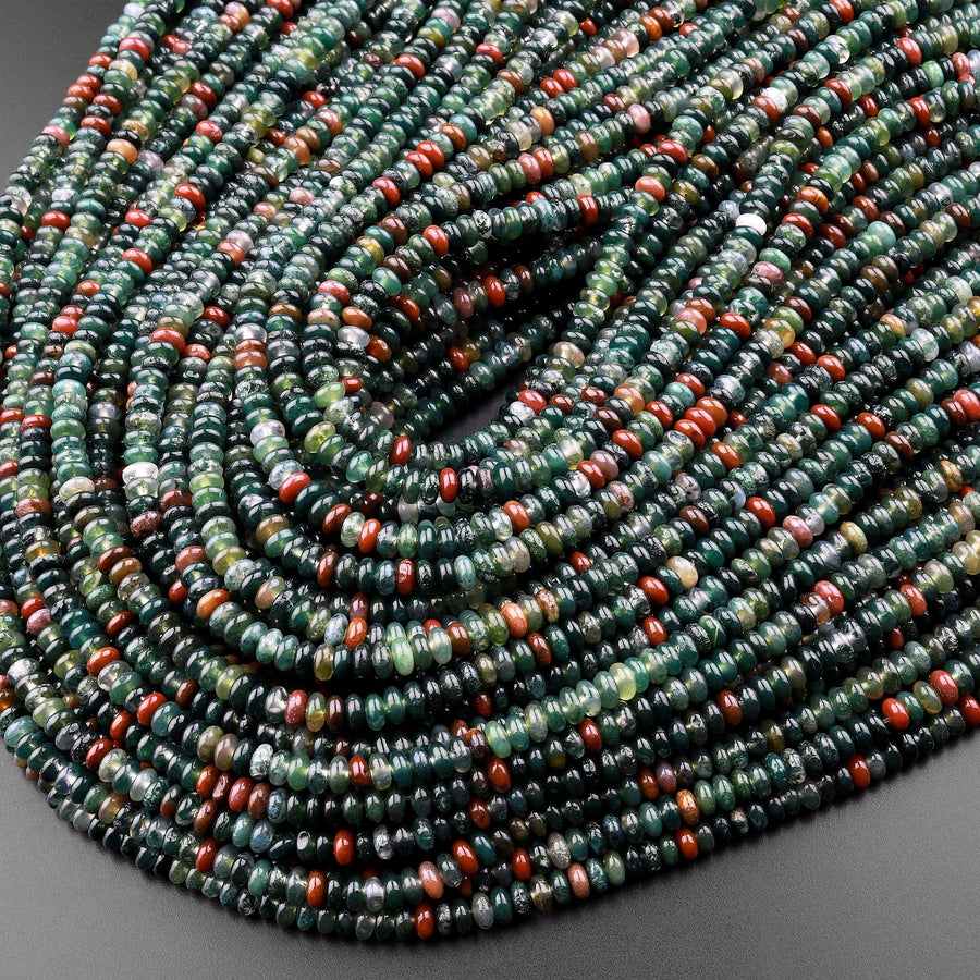 Natural Indian Agate 4mm Smooth Rondelle Beads Aka Green Red Bloodstone 15.5" Strand