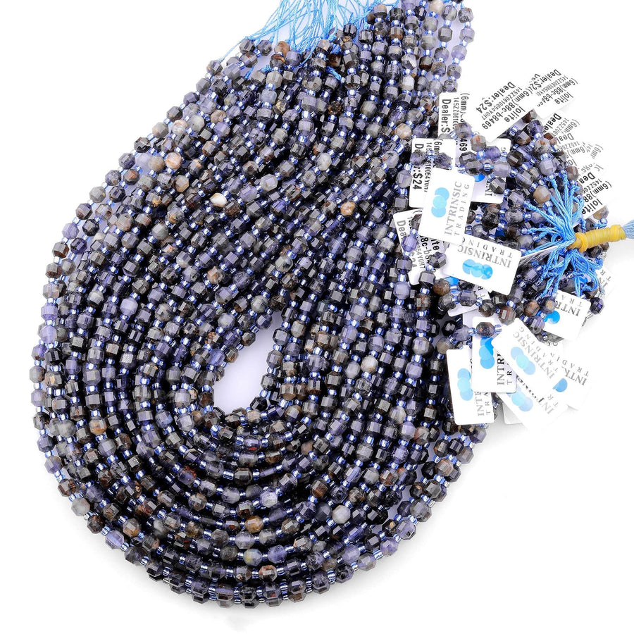 Natural Iolite 6mm Beads Rounded Faceted Energy Prism Double Terminated Points 15.5" Strand