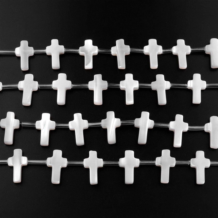 AAA Iridescent Carved Natural White Mother of Pearl Shell Corss Beads Side Drilled 15.5" Strand