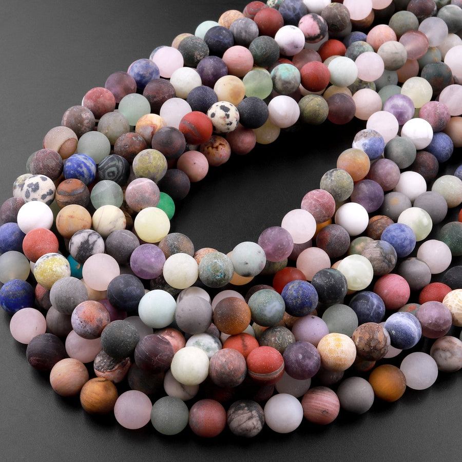 Matte Mixed Gemstone Aventurine Rose Quartz Amethyst Jasper Jade 6mm 8mm 10mm 12mm Round Beads 15.5" Strand