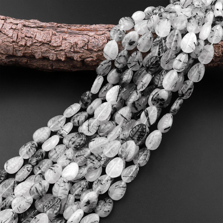 Natural Black Tourmaline Rutilated Quartz Leaf Beads Hand Carved Gemstone 15.5" Strand