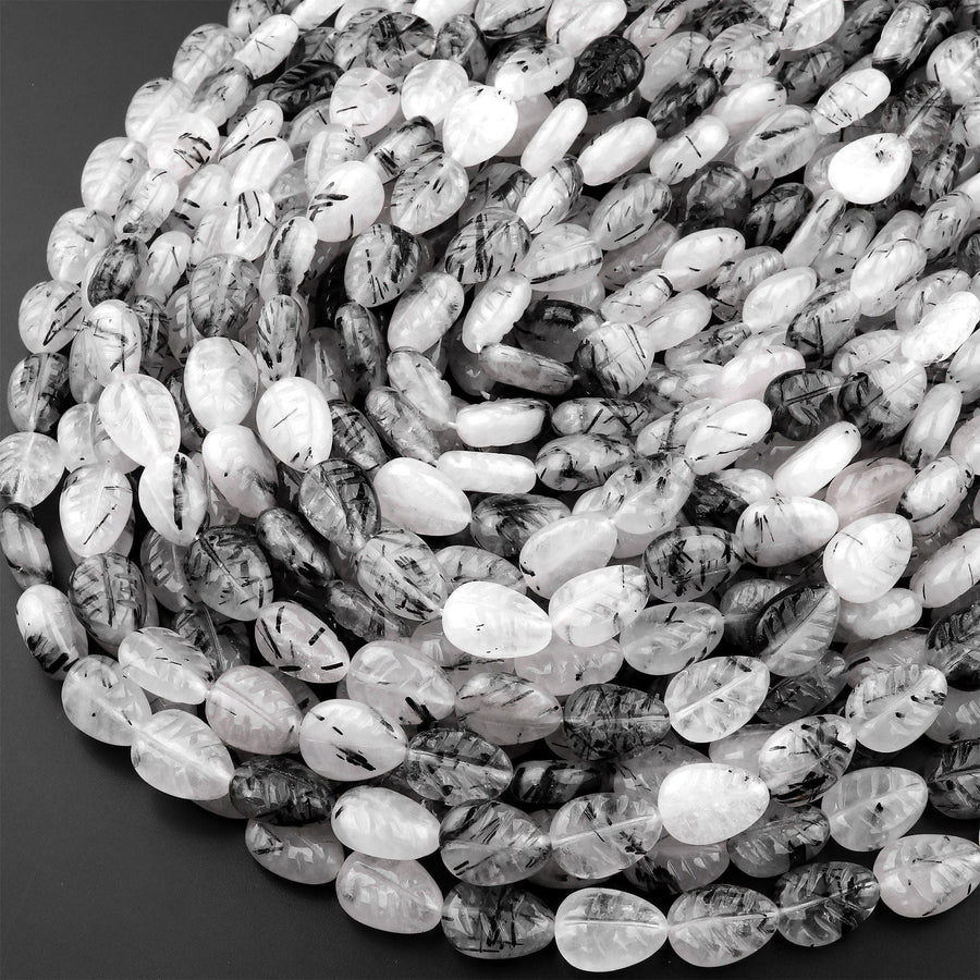 Natural Black Tourmaline Rutilated Quartz Leaf Beads Hand Carved Gemstone 15.5" Strand