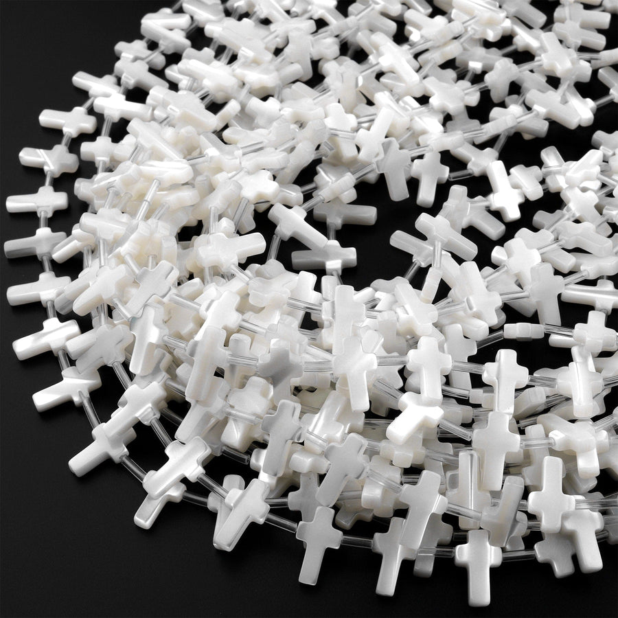 AAA Iridescent Carved Natural White Mother of Pearl Shell Corss Beads Side Drilled 15.5" Strand