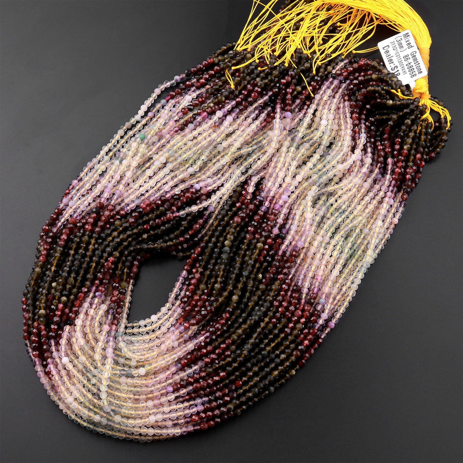 Micro Faceted Multicolor Mixed Gemstone Round Beads 3mm Red Garent Fluorite Golden Obsidian 15.5" Strand