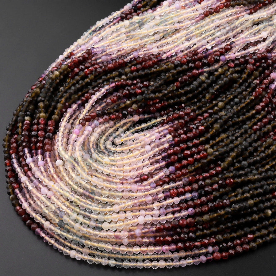 Micro Faceted Multicolor Mixed Gemstone Round Beads 3mm Red Garent Fluorite Golden Obsidian 15.5" Strand