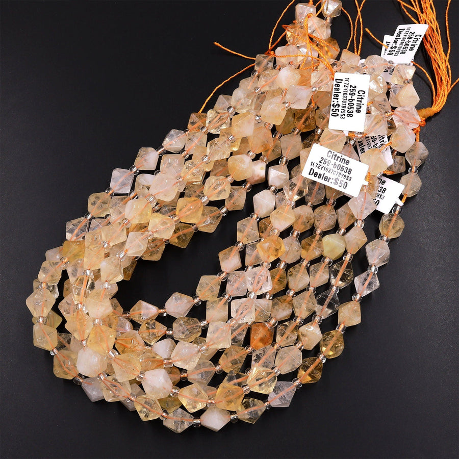Natural Golden Citrine Beads 8mm 10mm Faceted Diamond Bicone Gemstone 15.5" Strand