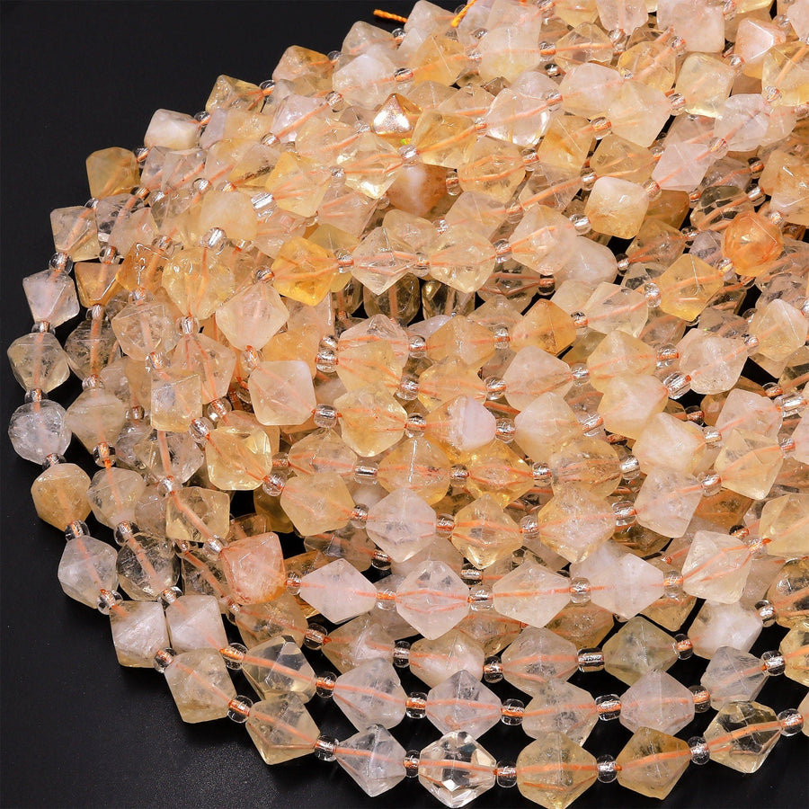 Natural Golden Citrine Beads 8mm 10mm Faceted Diamond Bicone Gemstone 15.5" Strand