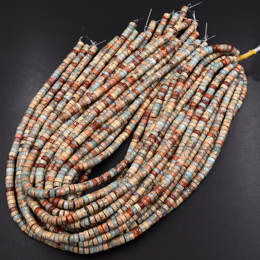 Genuine Natural Snake Skin Jasper 6mm 8mm 10mm Heishi Beads Earthy Blue Rusty Red Brown Tan Stone Aka African Opal 15.5" Strand