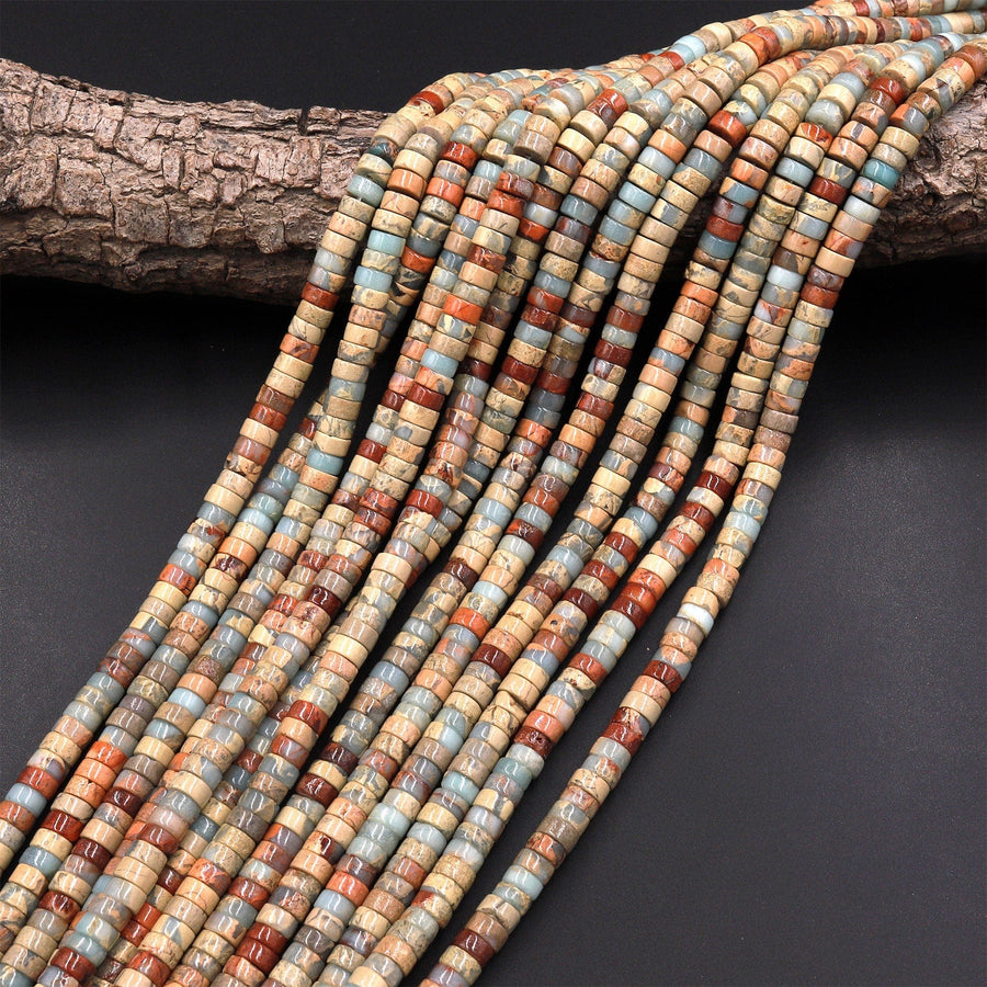 Genuine Natural Snake Skin Jasper 6mm 8mm 10mm Heishi Beads Earthy Blue Rusty Red Brown Tan Stone Aka African Opal 15.5" Strand