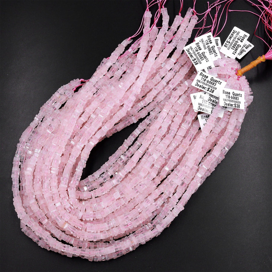 Natural Pink Rose Quartz Thin Square Heishi Disc Beads 5mm 8mm Gemstone 15.5" Strand