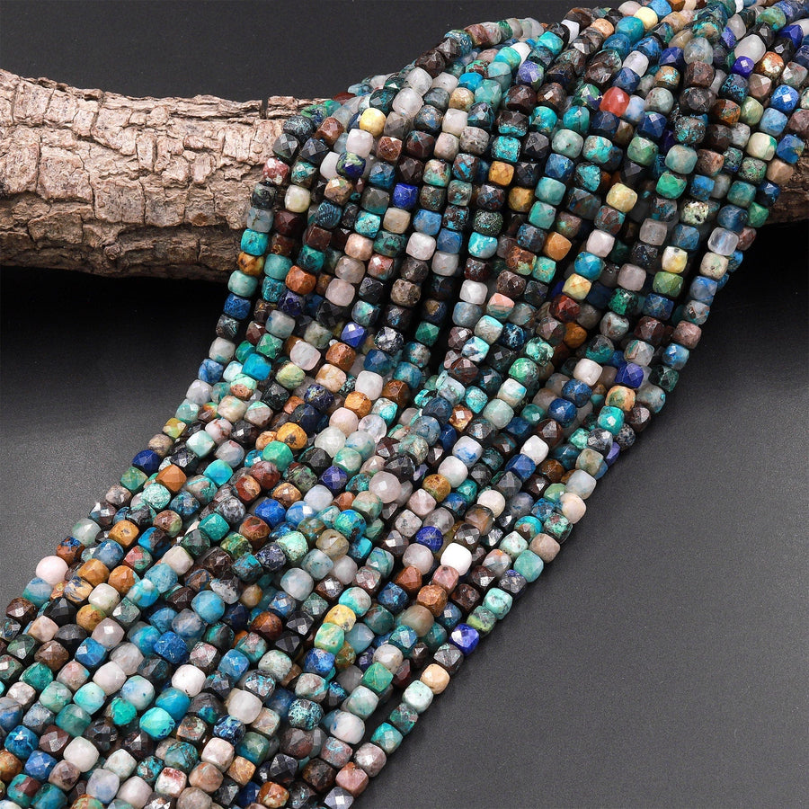 Natural Arizona Chrysocolla Faceted 4mm Cube Dice Square Beads Micro Laser Diamond Cut 15.5" Strand