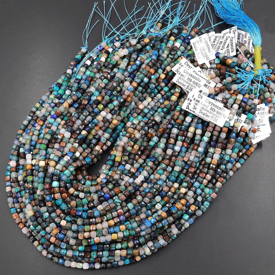 Natural Arizona Chrysocolla Faceted 4mm Cube Dice Square Beads Micro Laser Diamond Cut 15.5" Strand