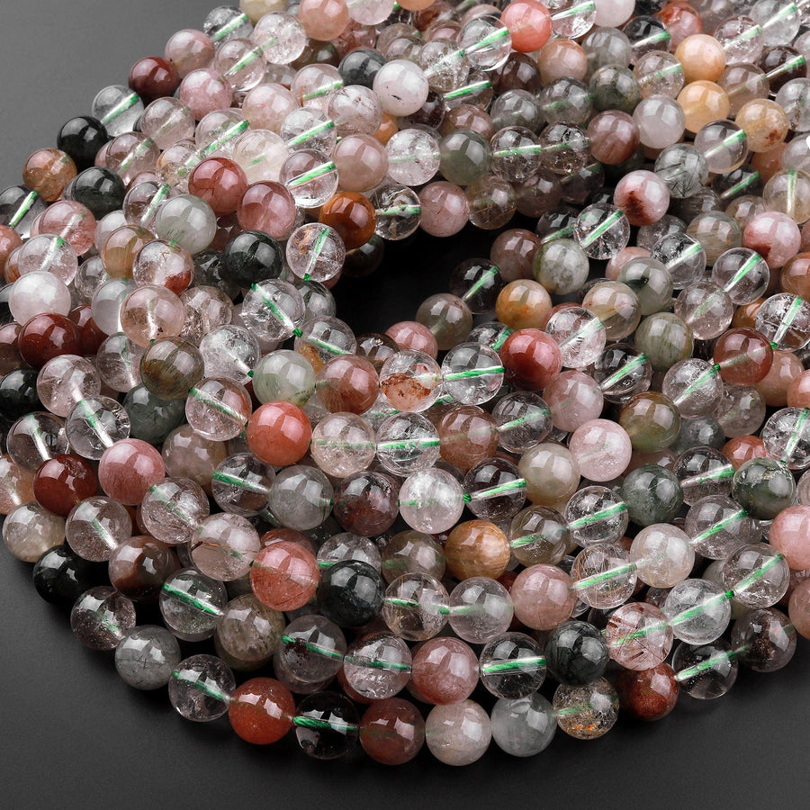 Natural Phantom Quartz Beads Lodolite Beads 6mm 8mm 10mm Red Green Yellow Brown Yellow Minerals Matrix 15.5" Strand