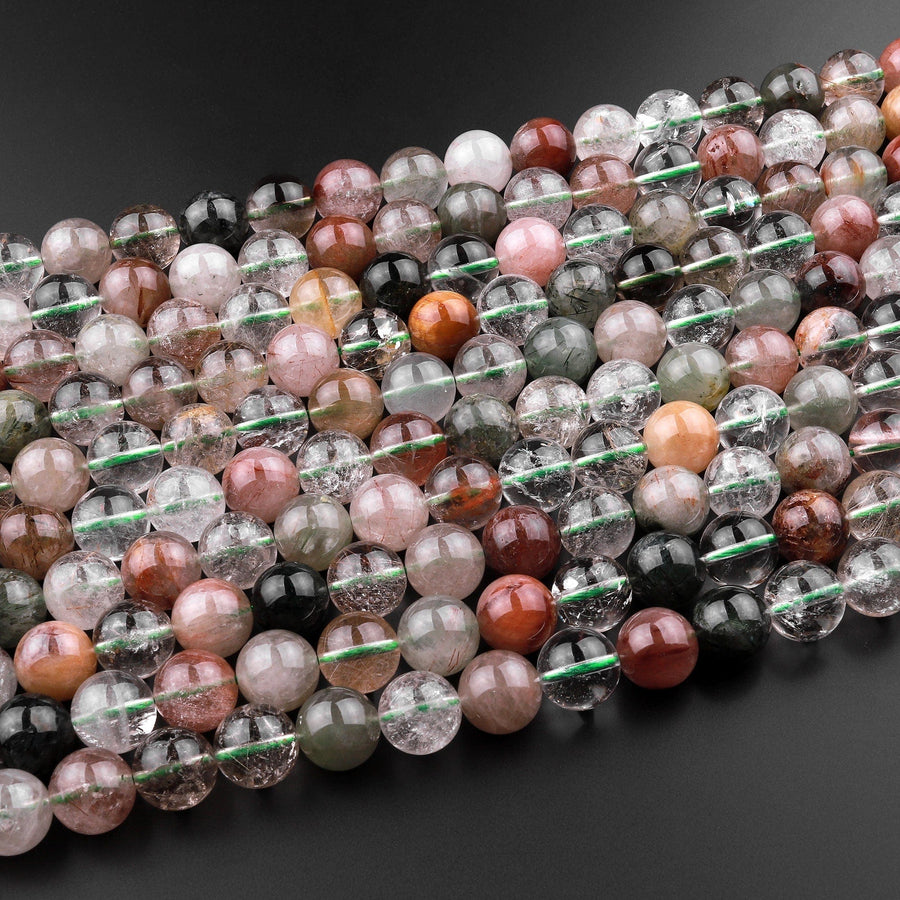 Natural Phantom Quartz Beads Lodolite Beads 6mm 8mm 10mm Red Green Yellow Brown Yellow Minerals Matrix 15.5" Strand
