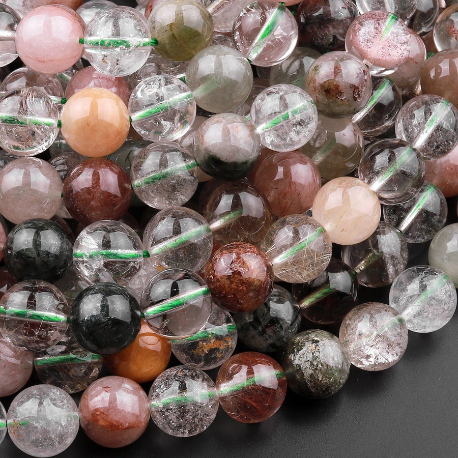 Natural Phantom Quartz Beads Lodolite Beads 6mm 8mm 10mm Red Green Yellow Brown Yellow Minerals Matrix 15.5" Strand