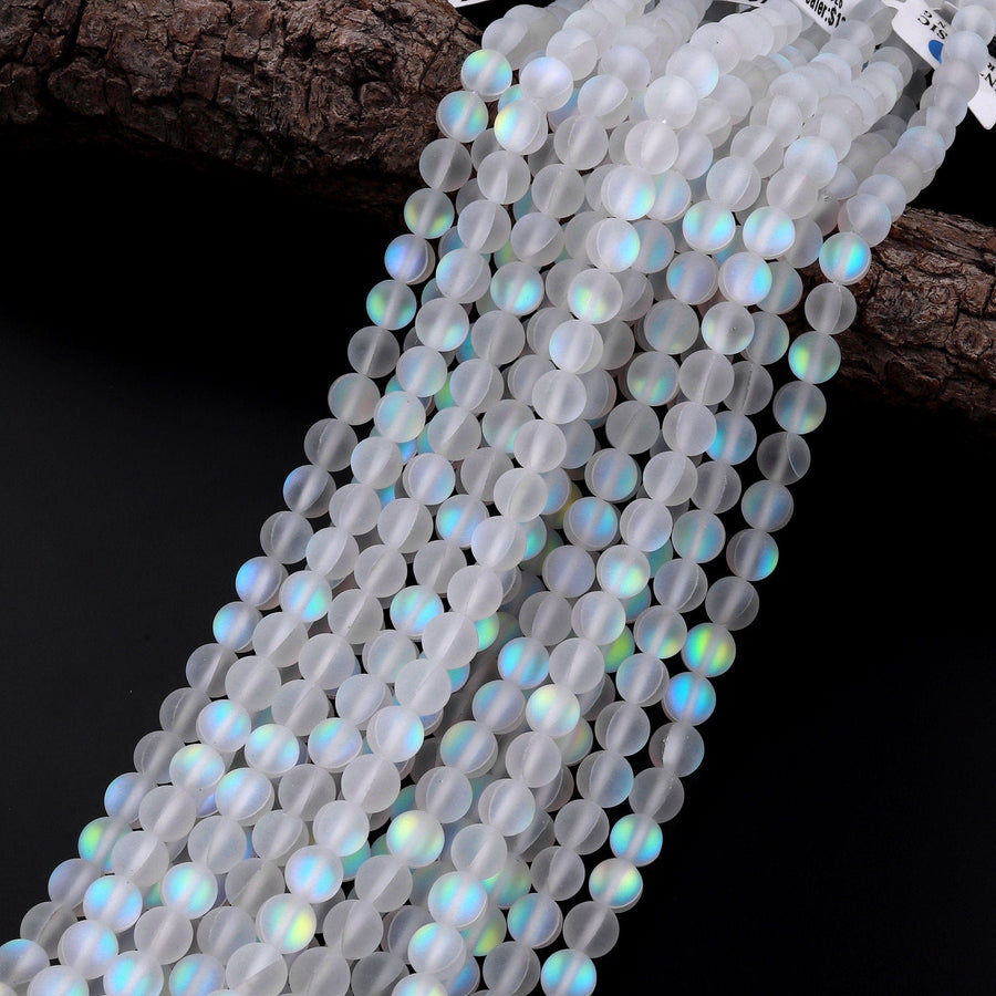 Mermaid Stone beads Aka Mystic Aura Quartz White Matte Synthetic Rainbow Moonstone 6mm 8mm 10mm Round Beads 15.5" Strand