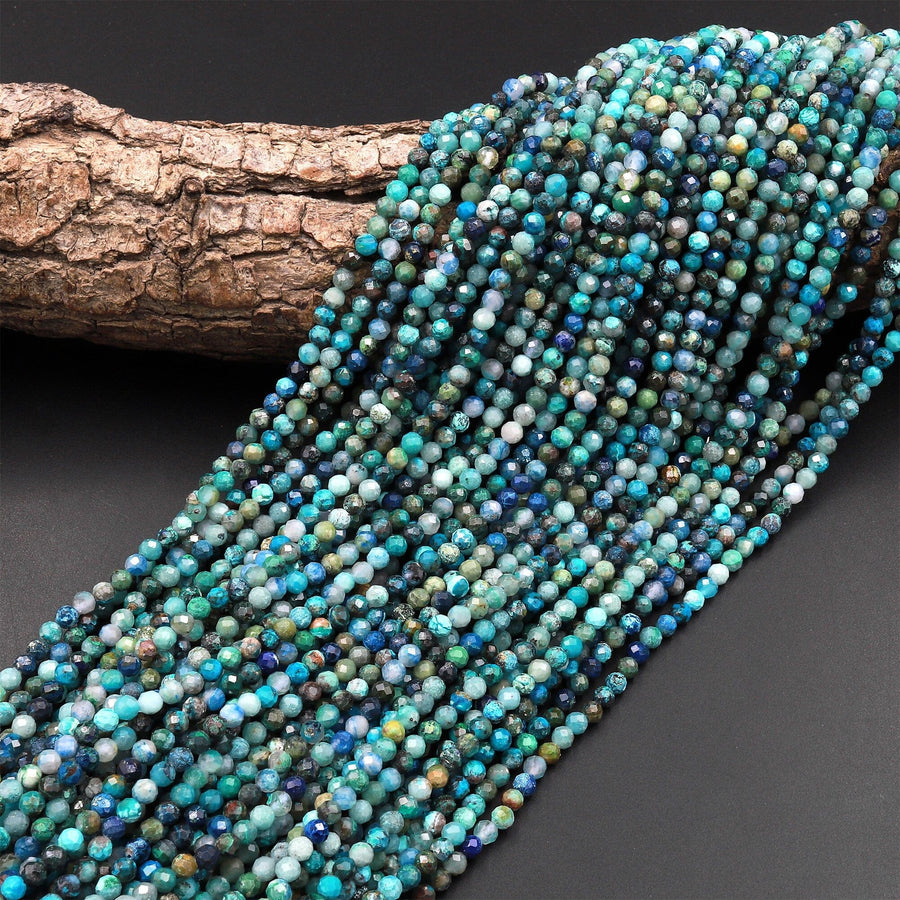 Natural Green Blue Chrysocolla 3mm Faceted Round Beads Micro Diamond Cut Gemstone 15.5" Strand