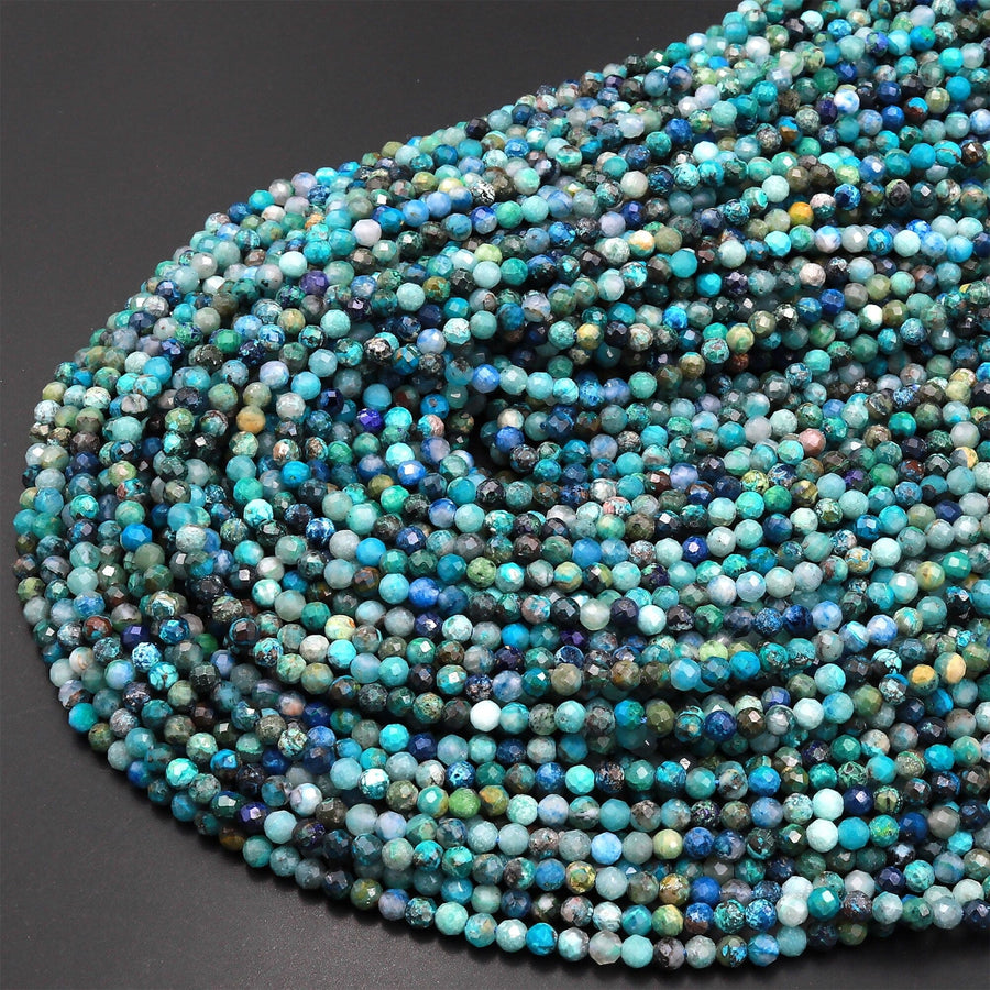 Natural Green Blue Chrysocolla 3mm Faceted Round Beads Micro Diamond Cut Gemstone 15.5" Strand