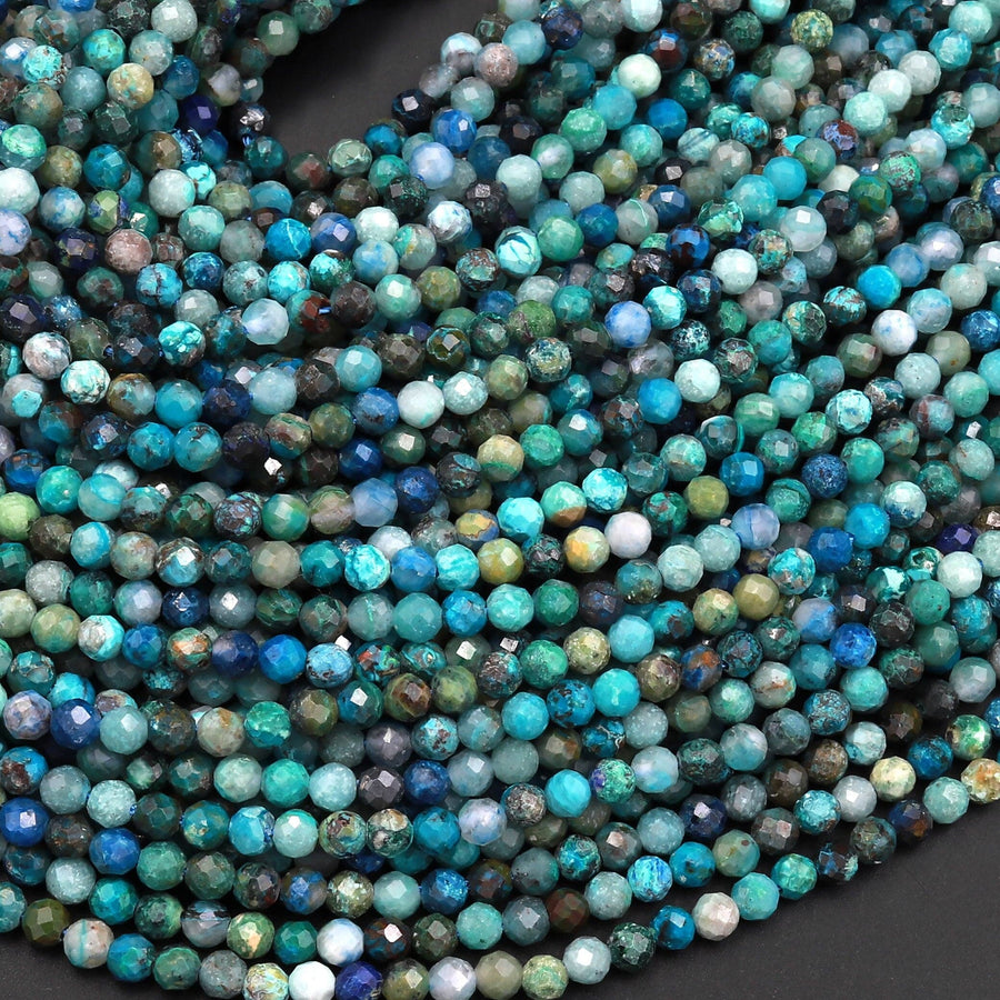 Natural Green Blue Chrysocolla 3mm Faceted Round Beads Micro Diamond Cut Gemstone 15.5" Strand
