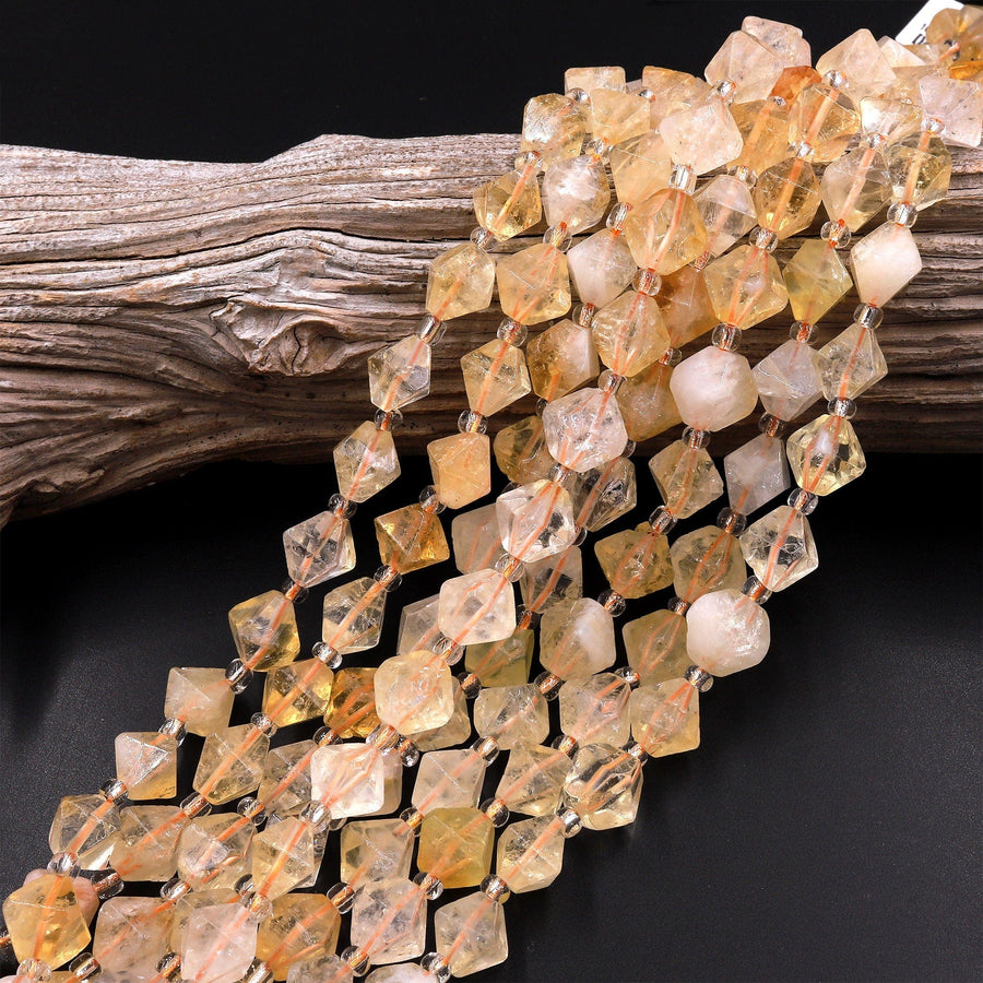 Natural Golden Citrine Beads 8mm 10mm Faceted Diamond Bicone Gemstone 15.5" Strand