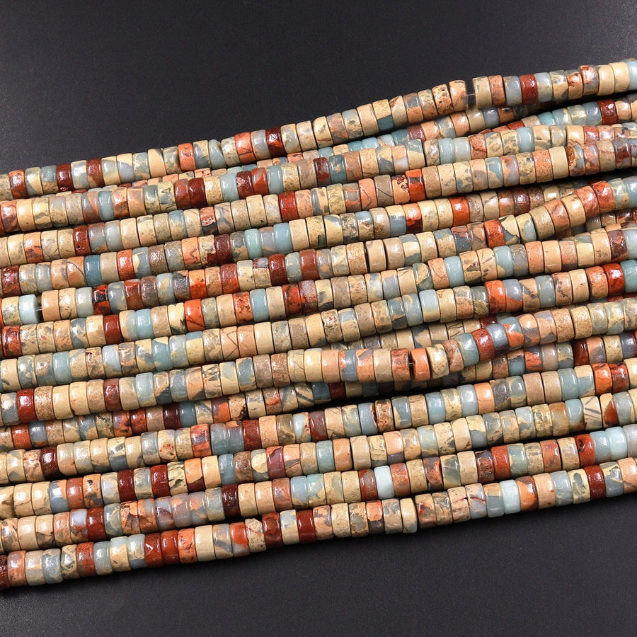 Genuine Natural Snake Skin Jasper 6mm 8mm 10mm Heishi Beads Earthy Blue Rusty Red Brown Tan Stone Aka African Opal 15.5" Strand