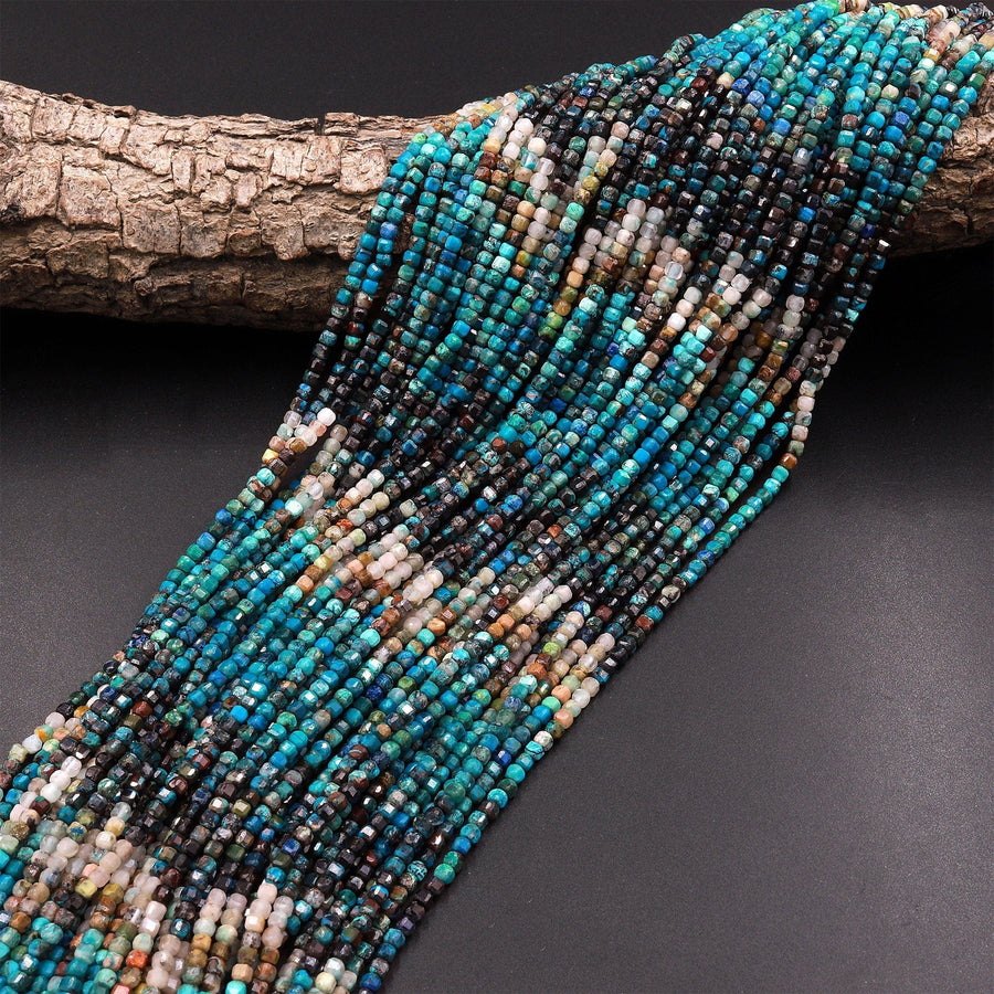 AAA Natural Arizona Chrysocolla Azurite Faceted 2mm 3mm Cube Dice Square Beads Micro Laser Diamond Cut 15.5" Strand