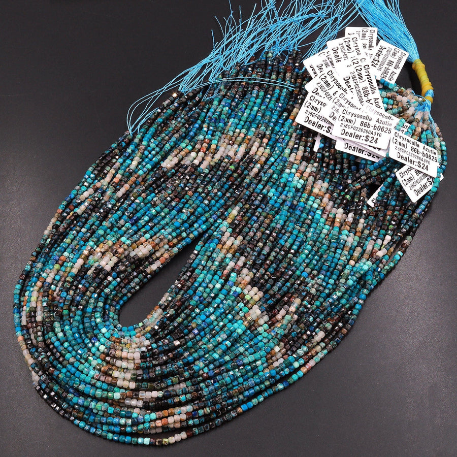 AAA Natural Arizona Chrysocolla Azurite Faceted 2mm 3mm Cube Dice Square Beads Micro Laser Diamond Cut 15.5" Strand