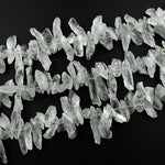 Large Long Natural Green Quartz Rough Raw Hand Hammered Spike Beads Top Drilled Focal Pendant 15.5" Strand
