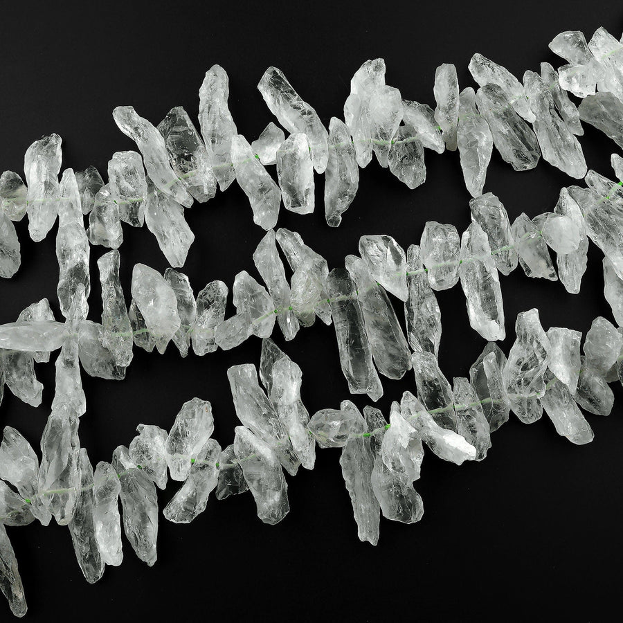 Large Long Natural Green Quartz Rough Raw Hand Hammered Spike Beads Top Drilled Focal Pendant 15.5" Strand