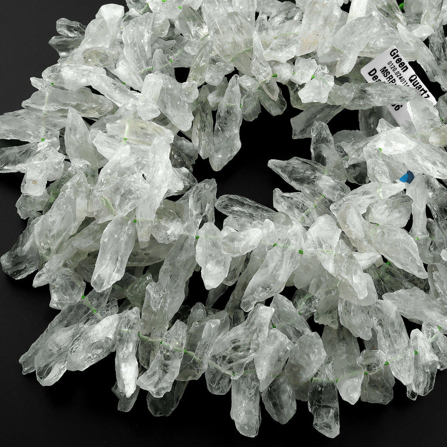 Large Long Natural Green Quartz Rough Raw Hand Hammered Spike Beads Top Drilled Focal Pendant 15.5" Strand