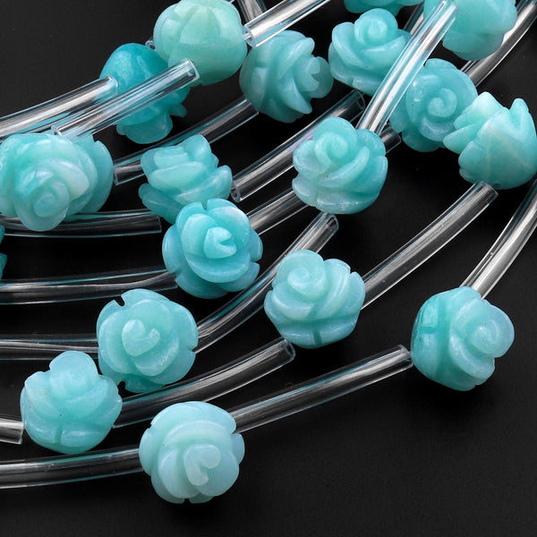 Natural Blue Amazonite Hand Carved Rose Flower Gemstone Beads 8mm 10mm 12mm Choose from 5pcs, 10pcs