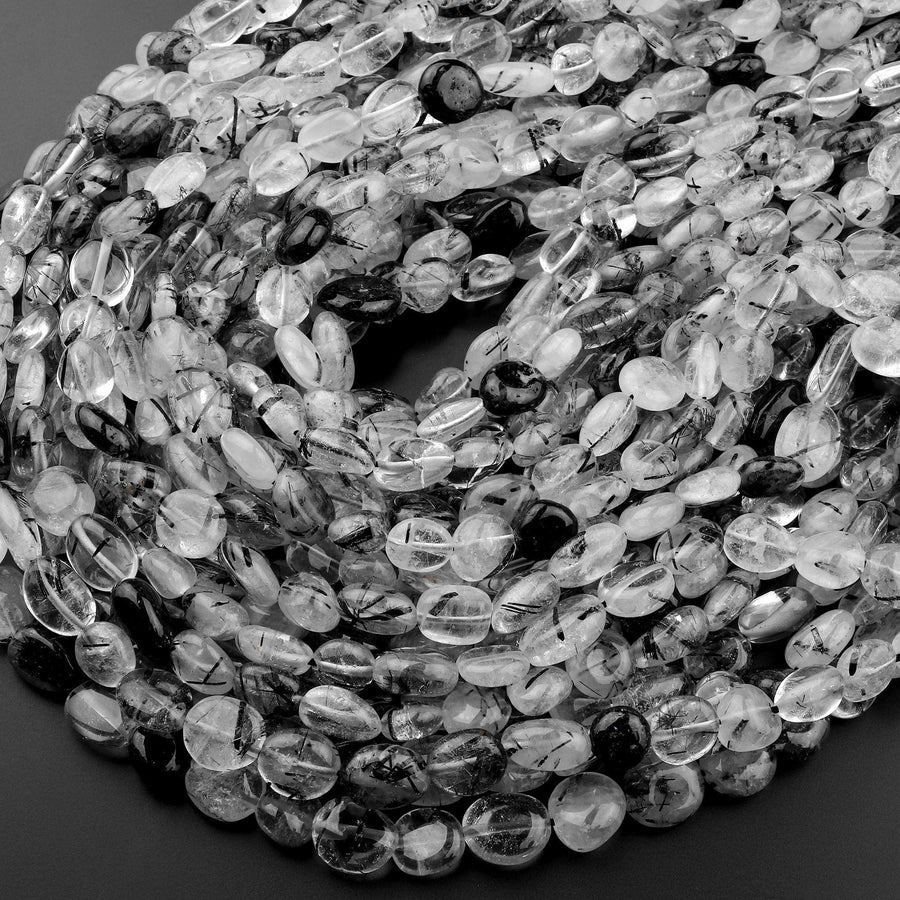 Natural Black Tourmaline Rutile Quartz Freeform Oval Pebble Nugget Beads Gemstone 15.5" Strand