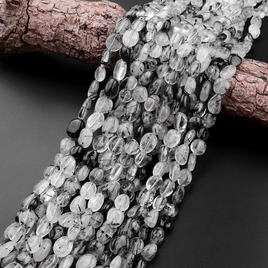 Natural Black Tourmaline Rutile Quartz Freeform Oval Pebble Nugget Beads Gemstone 15.5" Strand