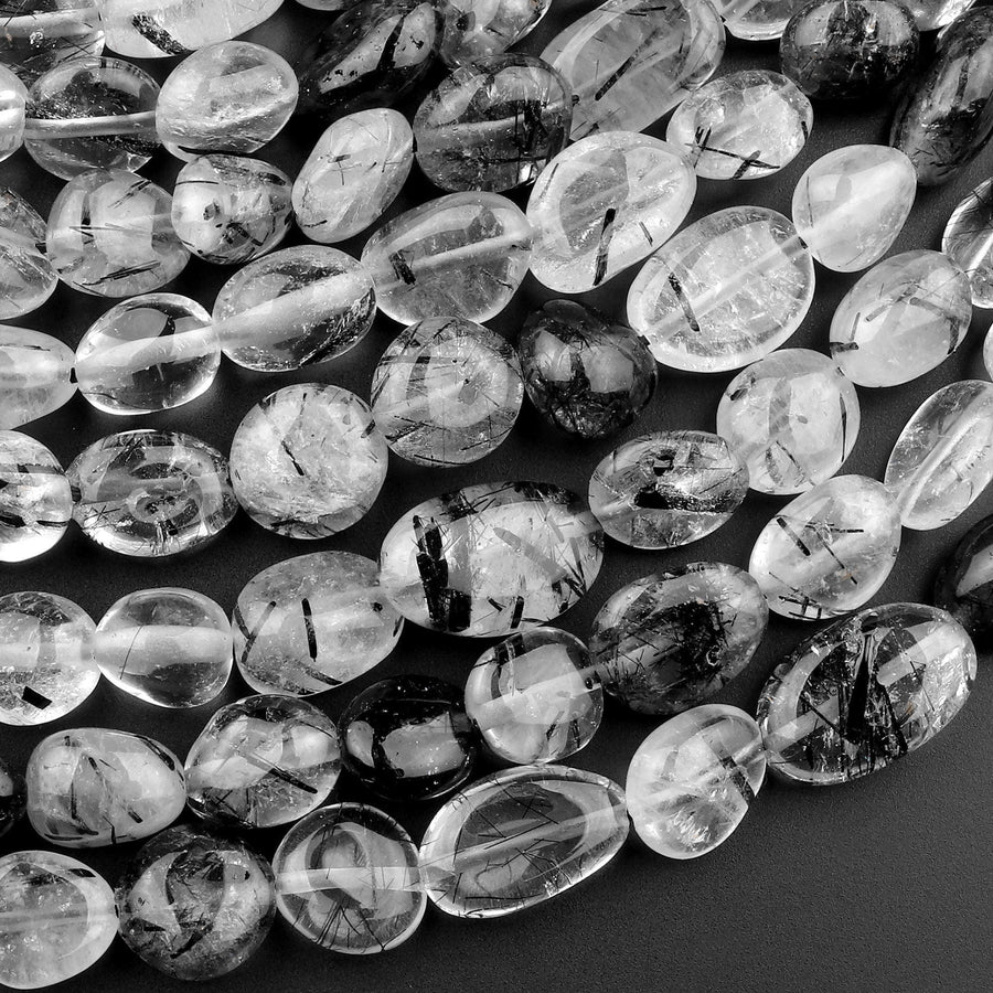 Natural Black Tourmaline Rutile Quartz Freeform Oval Pebble Nugget Beads Gemstone 15.5" Strand