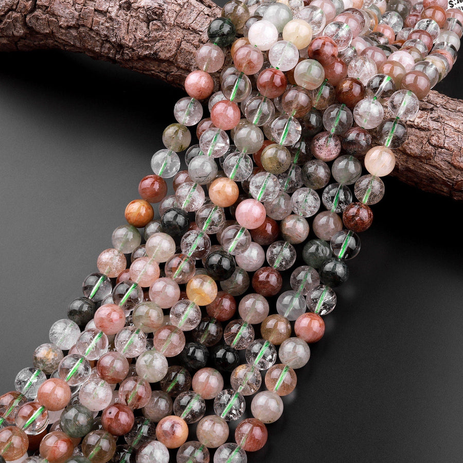 Natural Phantom Quartz Beads Lodolite Beads 6mm 8mm 10mm Red Green Yellow Brown Yellow Minerals Matrix 15.5" Strand