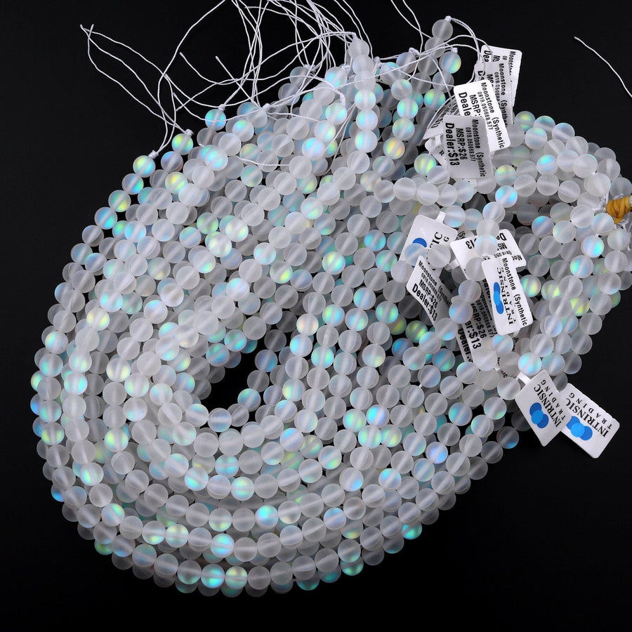 Mermaid Stone beads Aka Mystic Aura Quartz White Matte Synthetic Rainbow Moonstone 6mm 8mm 10mm Round Beads 15.5" Strand
