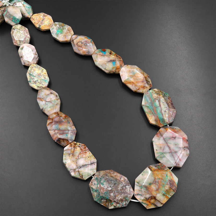 Faceted Natural Chrysocolla in Quartz Focal Octagaon Pendant Beads Graduated Gemstone 15.5" Strand