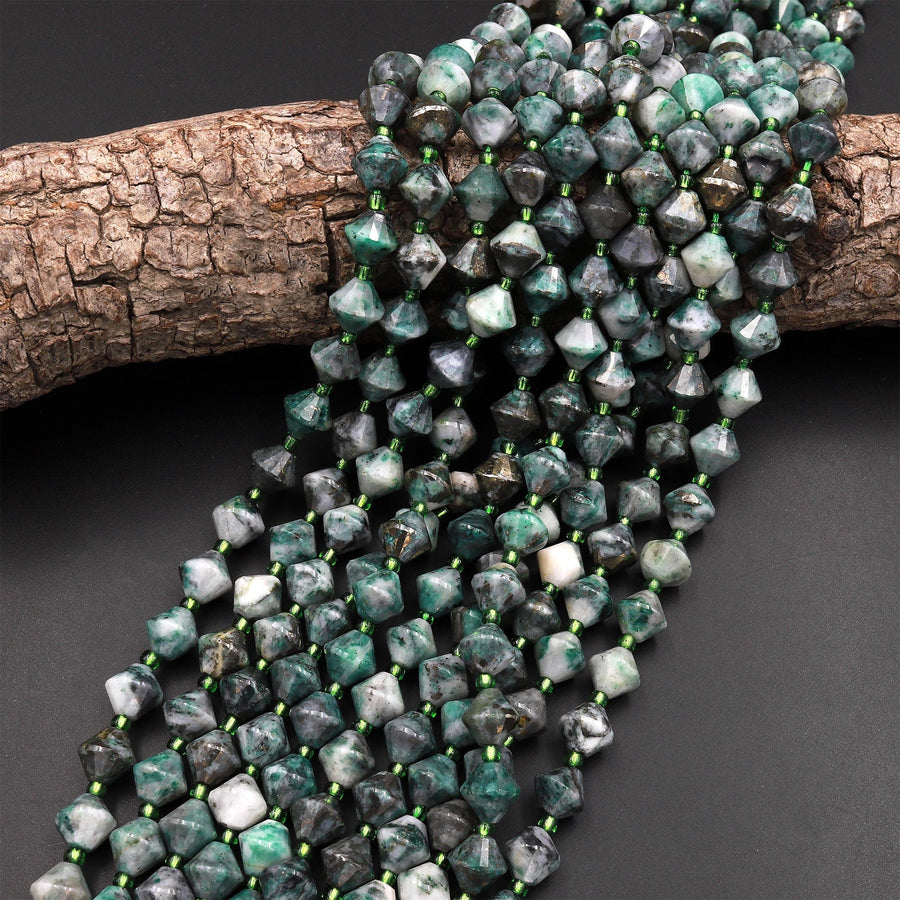 Rare Natural Pyrite in Green Jade 8mm Bicone Beads 15.5" Strand