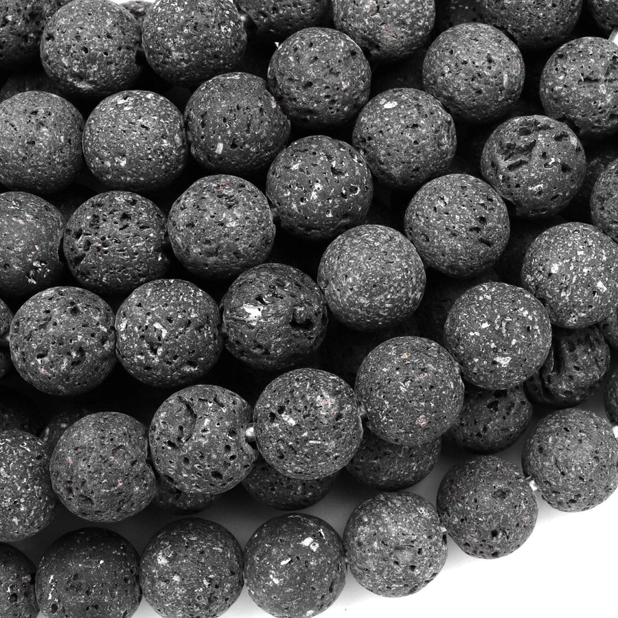 Large Hole Beads Unwaxed Natural Black Lava 8mm 10mm Round Beads Big 2.5mm Hole 8" Strand