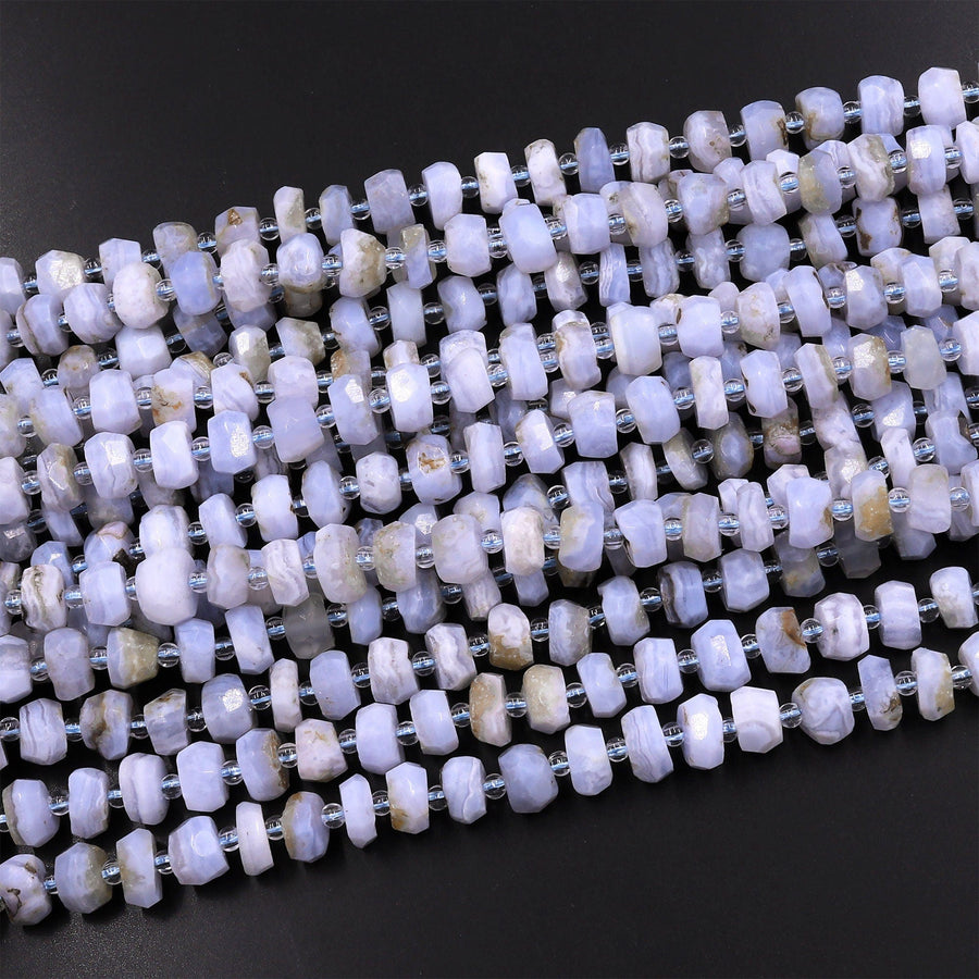 Faceted Natural Blue Lace Agate 8mm Rondelle Wheel Beads Blue Chalcedony 15.5" Strand