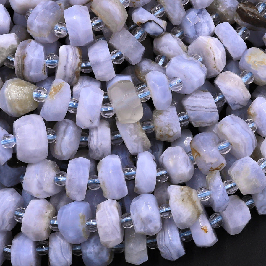 Faceted Natural Blue Lace Agate 8mm Rondelle Wheel Beads Blue Chalcedony 15.5" Strand