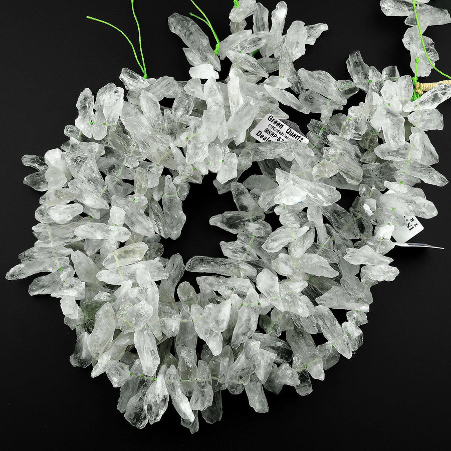 Large Long Natural Green Quartz Rough Raw Hand Hammered Spike Beads Top Drilled Focal Pendant 15.5" Strand